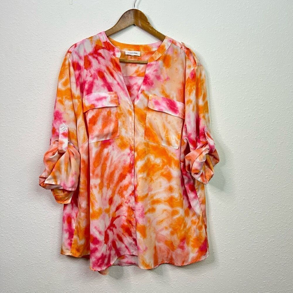 Calvin‎ Klein Women’s Pink Orange Tie Dye Watercolor Tab Sleeve Top Size 2X
